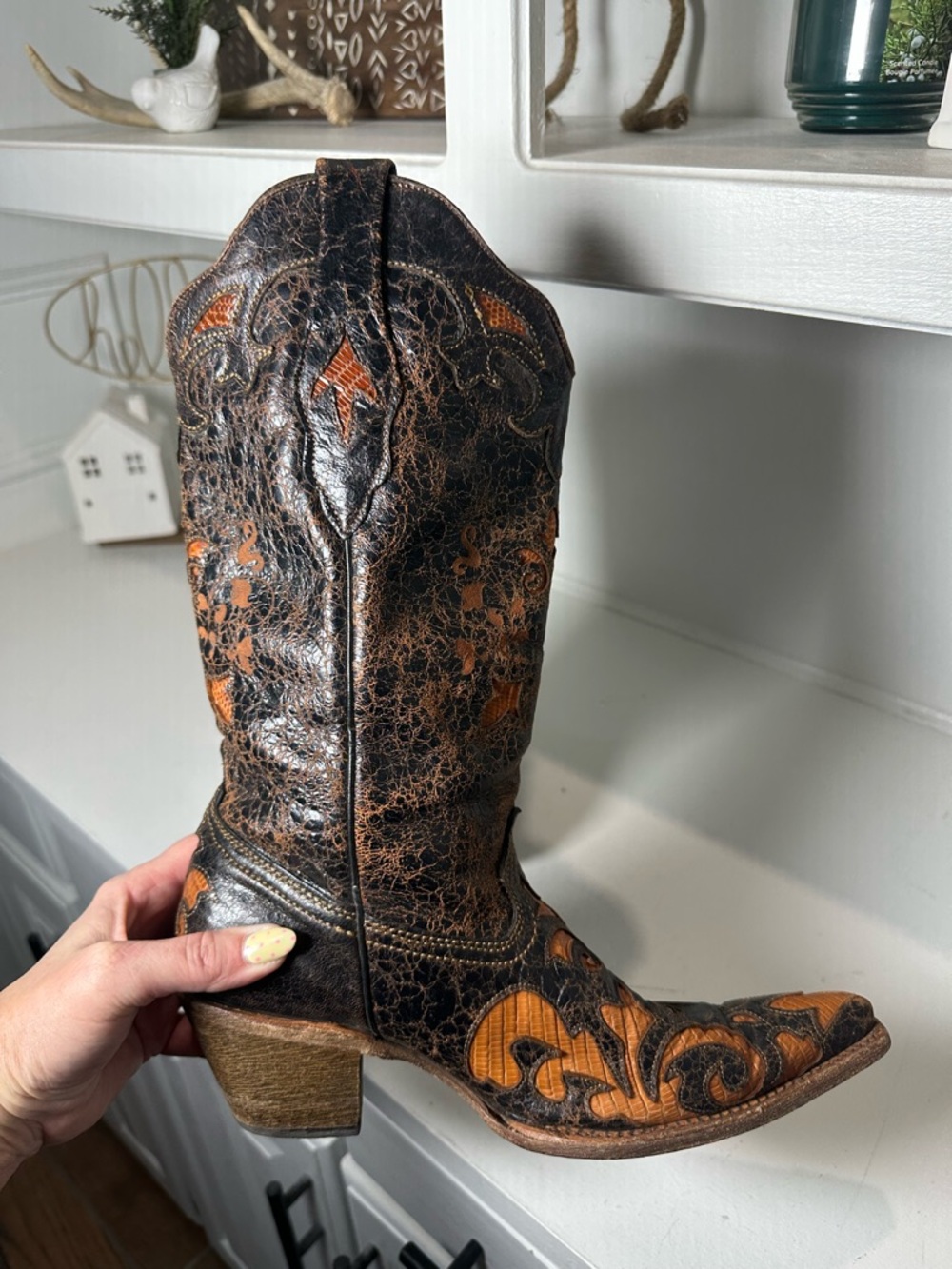 Corral Boots Lizard Inlay Cowboy Womens 8.5M Distressed Brown Leather Western - Picture 7 of 9